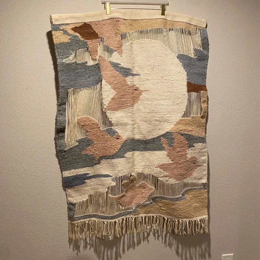 Vintage Wool Woven Bird‎ & Sun Tapestry Wall Art - 51x36 Handwoven
